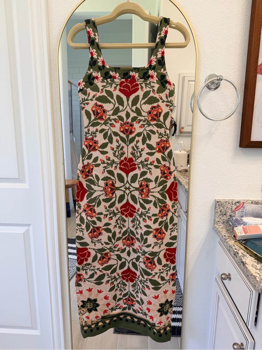 FARM Rio Cream Maxi Dress with Red & Green Floral Jacquard